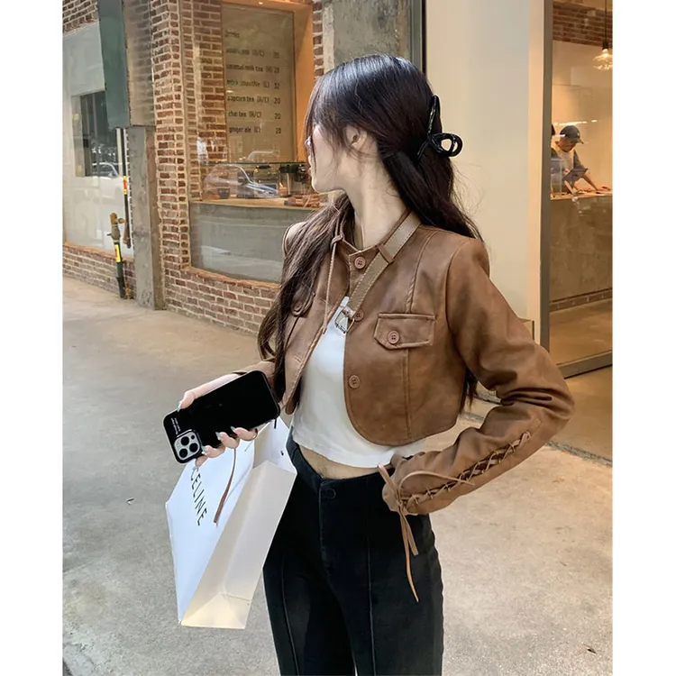 设计感棕色复古皮衣外套女2025秋季新款港风短款pu皮夹克上衣
