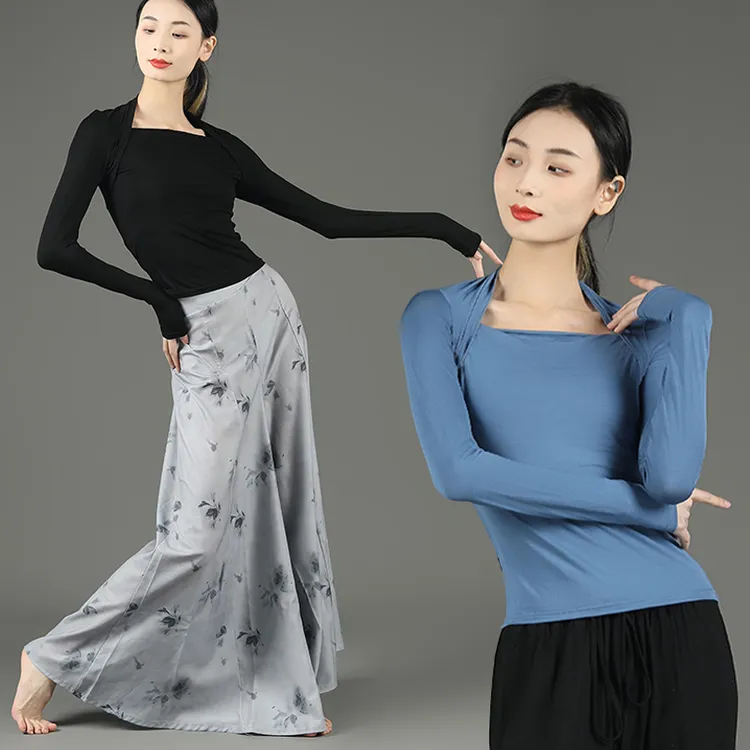 莫代尔舞蹈练功服上衣女生型体长袖芭蕾形体服长裙裤黑色礼仪训练