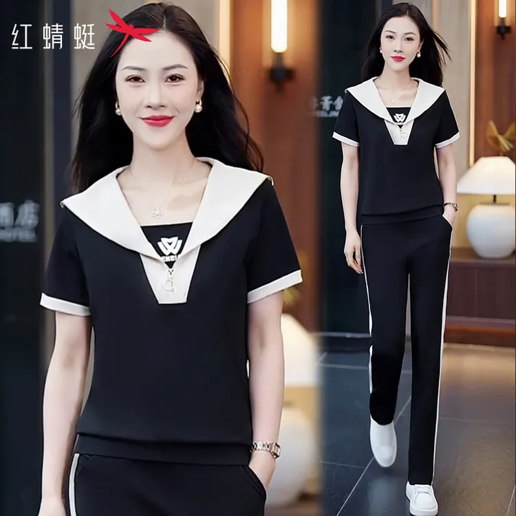 红蜻蜓薄款套装夏天女夏季新款冰感时尚时尚女式海军领短袖运动服