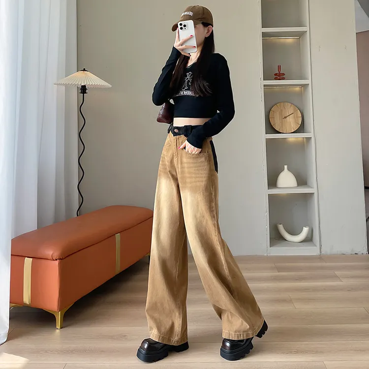 2332秋季新款土黄色休闲拖地裤高腰慵懒阔腿裤百搭复古直筒裤女