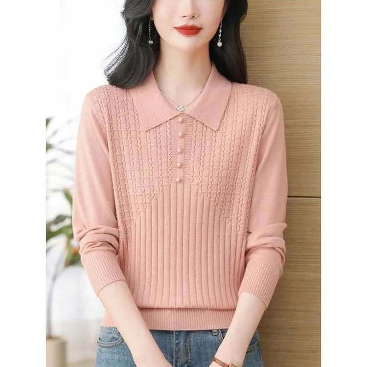 娃娃领减龄小衫长袖上衣春秋女2024新款妈妈洋气打底衫毛衣针织衫
