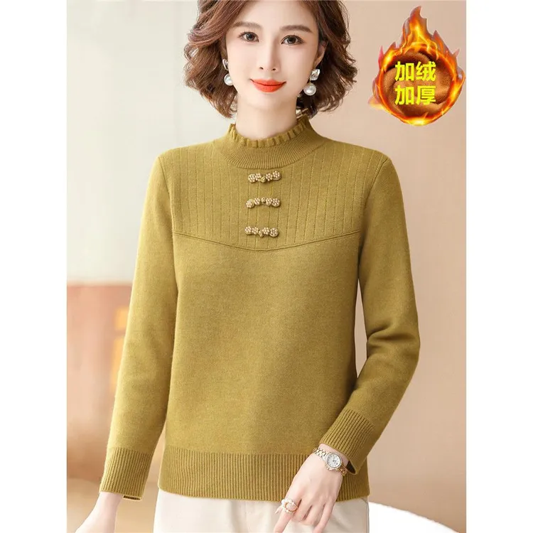 新款冬季妈妈装加绒毛衣中老年女加厚内搭打底保暖上衣洋气针织衫