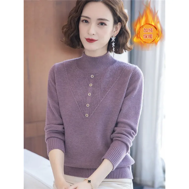 时尚妈妈秋冬装加绒加厚毛衣洋气打底衫中老年女保暖内搭针织上衣