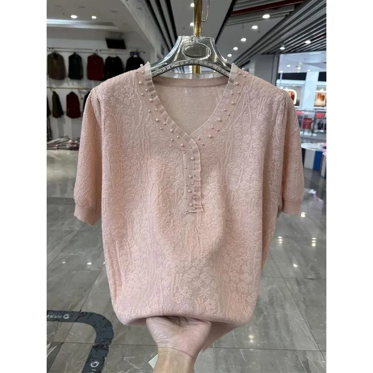 时尚妈妈装V领套头冰丝短袖T恤衫2024夏装新款洋气质小衫中老年女