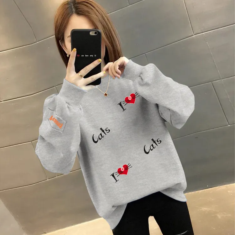 加绒/不加绒卫衣女圆领无帽秋冬新款印花宽松百搭学生加厚ins上衣