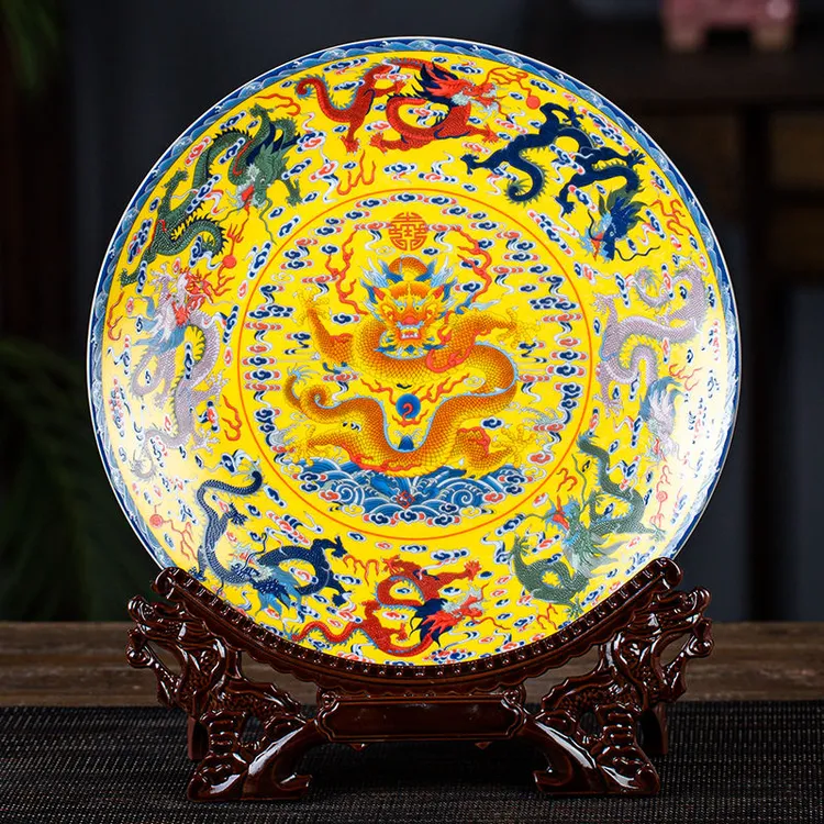 景德镇陶瓷器复古中式珐琅彩龙纹瓷盘 家居客厅装饰盘工艺品摆件