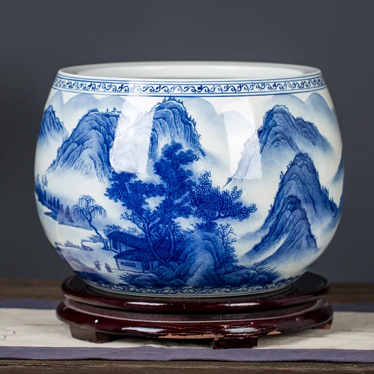 景德镇陶瓷器青花瓷聚宝盆开业装饰摆件家居客厅乔迁中式主人杯