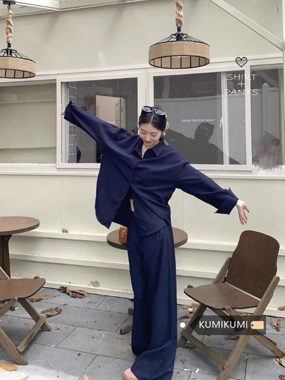 极简风春季新款通勤套装女气质高级感显瘦宽松衬衫休阔腿裤套装
