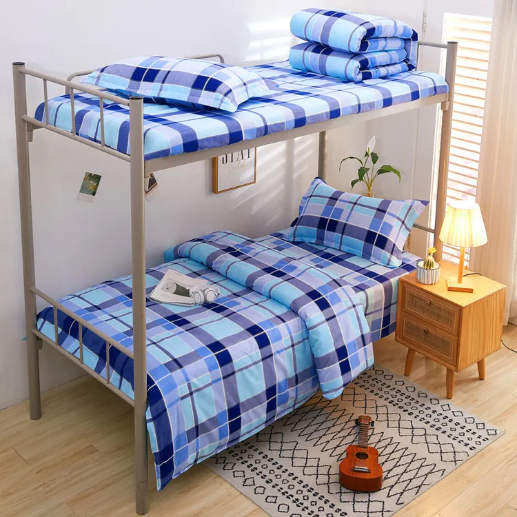 开学季大学生宿舍床上三件套床上用品单人被套床单格子蓝色上下铺