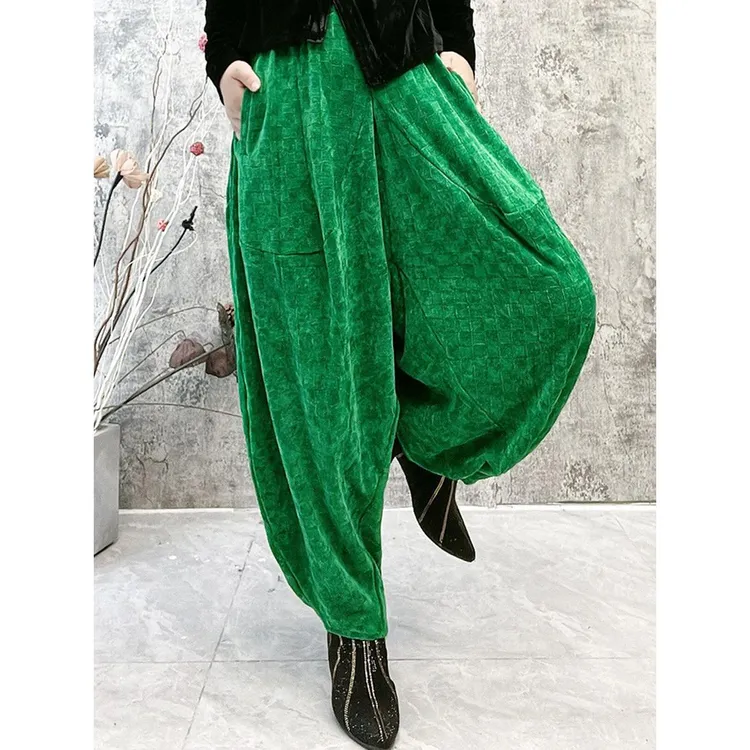 秋冬高腰灯笼裤松紧腰阔腿裤棋盘格绿色裤子洋气百搭休闲哈伦裤女