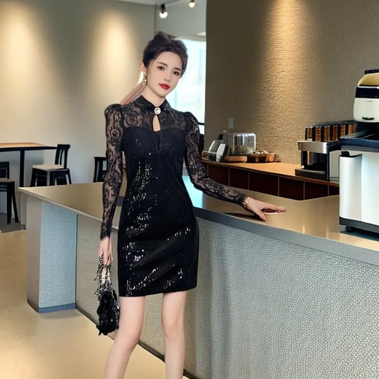 2025/新款气质时尚性感蕾丝拼接长袖修身收腰显瘦女装连衣裙21018