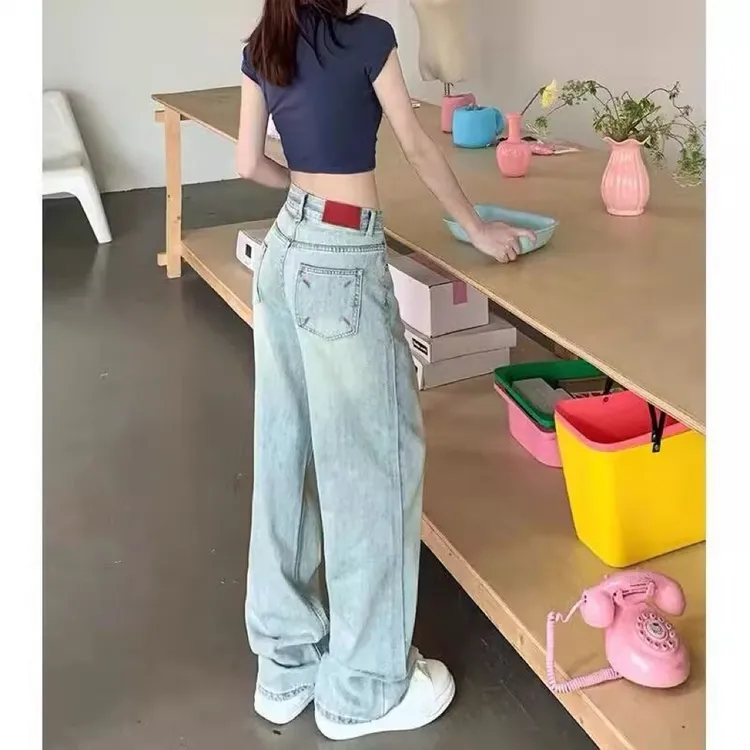 浅蓝色高腰设计感裤子女士夏天轻薄牛仔裤窄版直筒显瘦阔腿拖地裤
