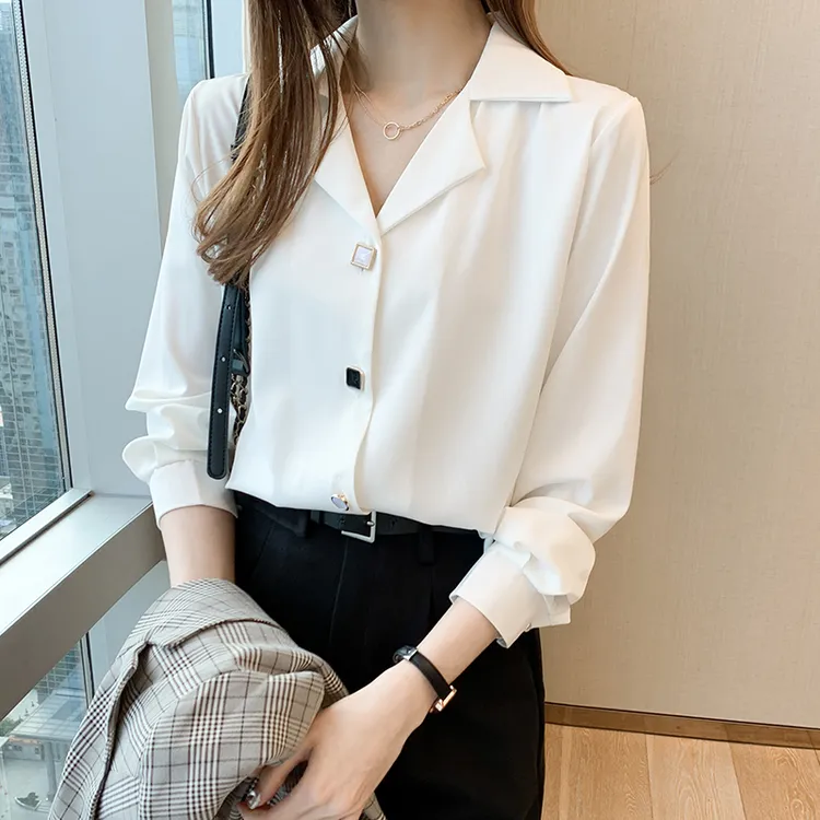 春夏通勤简约纯色休闲长袖衬衣女宽松显瘦职业西装领设计雪纺衬衫