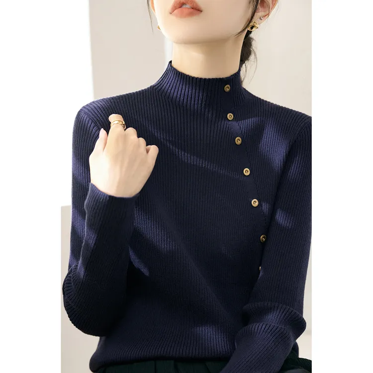 冬季新款厚款打底上衣藏青色半高领毛衣纽扣设计长袖针织衫女装