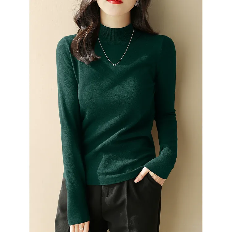 墨绿色长袖针织衫女修身气质半高领毛衣洋气内搭打底上衣秋冬新款