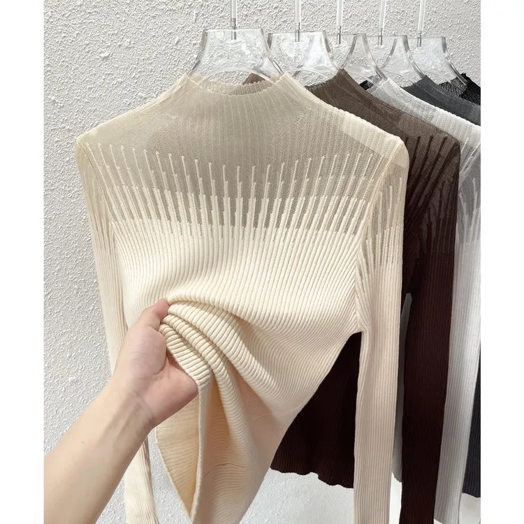 秋冬蕾丝坑条修身网纱设计针织衫毛衣洋气半高领长袖内搭打底女装