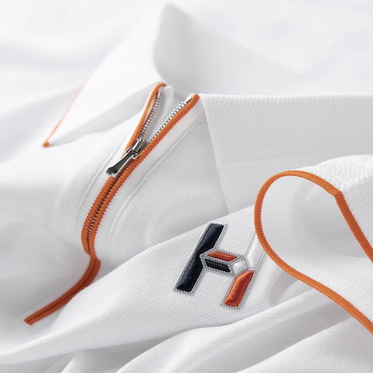 轻奢夏季薄款冰丝珠地刺绣字母半拉链白色polo衫男短袖修身t恤男