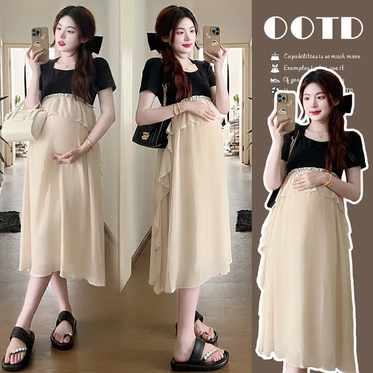 孕妇装夏季新款时尚甜美减龄宽松拼接气质假两件孕妇连衣裙子