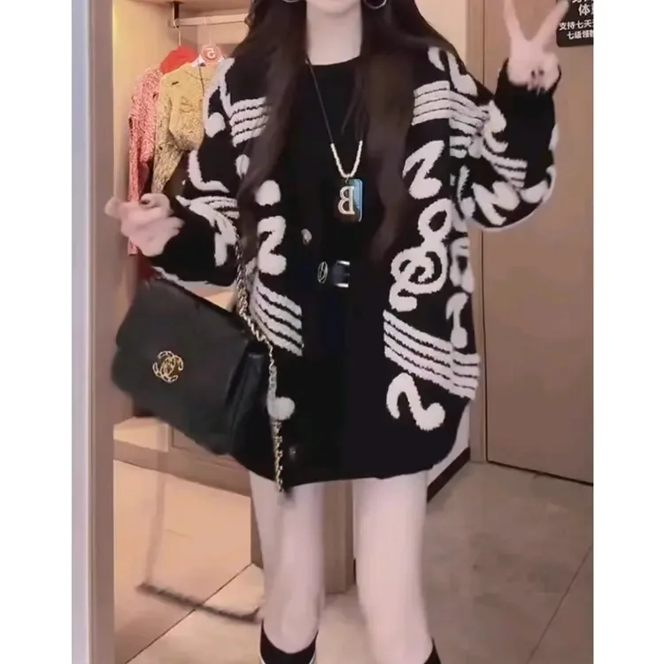 慵懒风时尚中长款针织衫女秋冬季毛衣开衫外套黑色长袖上衣外套潮