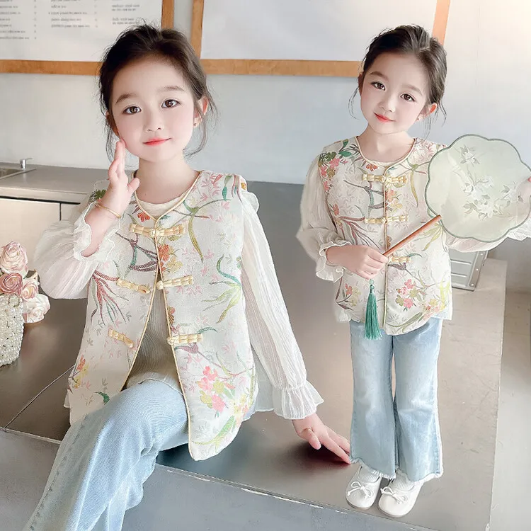 女童国风马甲套装春秋2024新款女大童坎肩衬衫春季国潮两件套