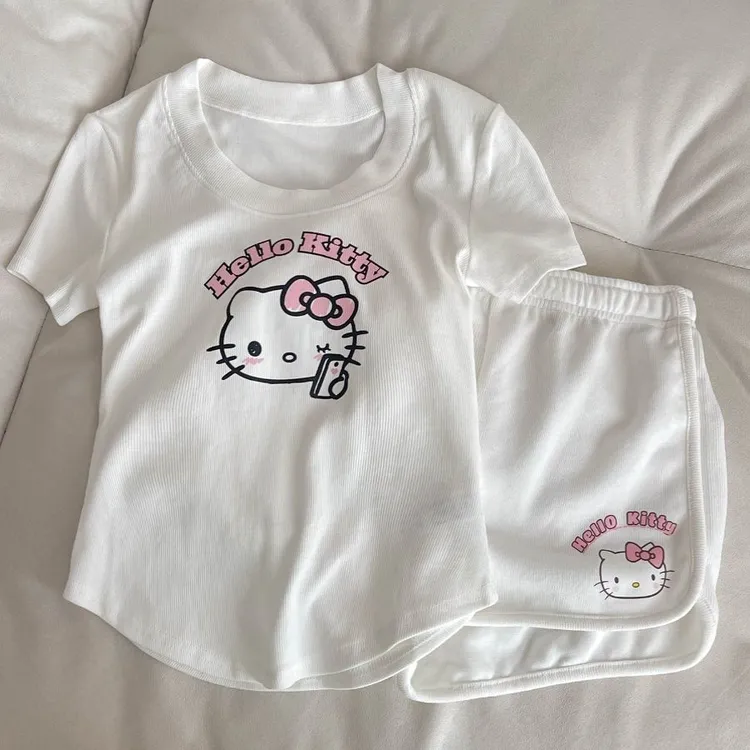 韩版休闲可爱少女凯蒂猫卡通T恤短袖睡衣女2025新款居家短裤套装