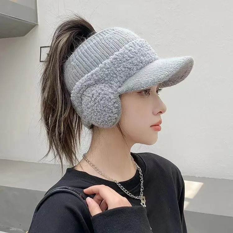 耳包帽子一体秋冬季时尚保暖加绒针织棒球女士鸭舌毛线空顶帽冬天