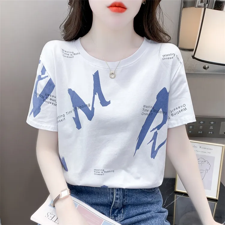 时尚印花白色t恤女短袖夏季新款宽松休闲显瘦百搭遮肚子圆领上衣