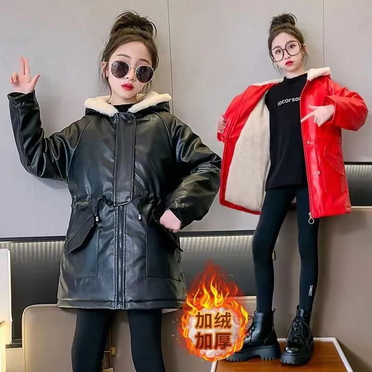 女童皮衣保暖外套2025冬装儿童中大童洋气加绒加厚棉衣中长款风衣