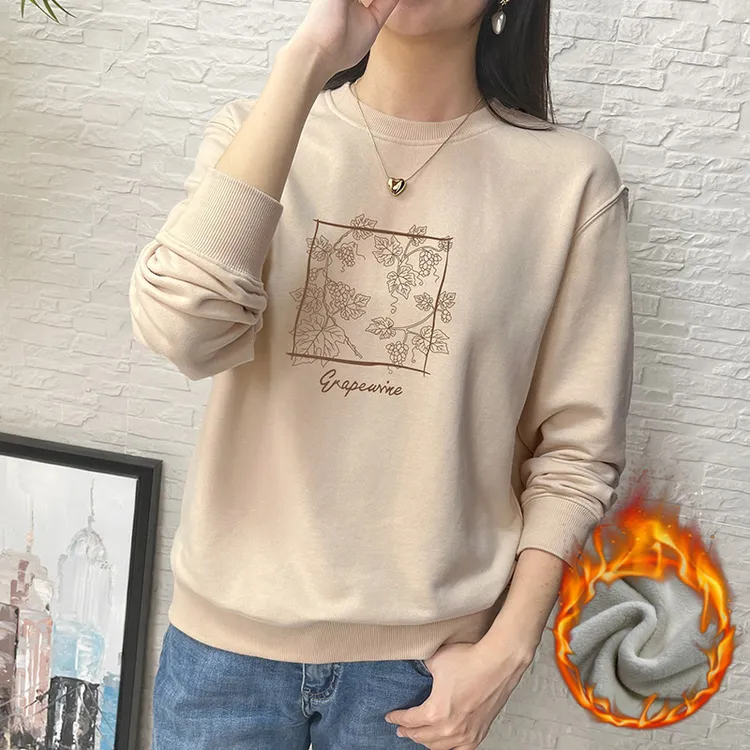 加绒加厚圆领无帽卫衣女2022秋冬新款宽松韩版上衣AT60036-葡萄藤