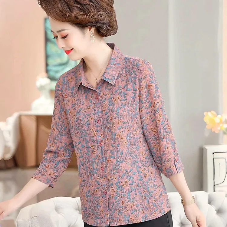 小个子妈妈装衬衫中老年女上衣夏季宽松遮肚老年人奶奶装开衫衬衣
