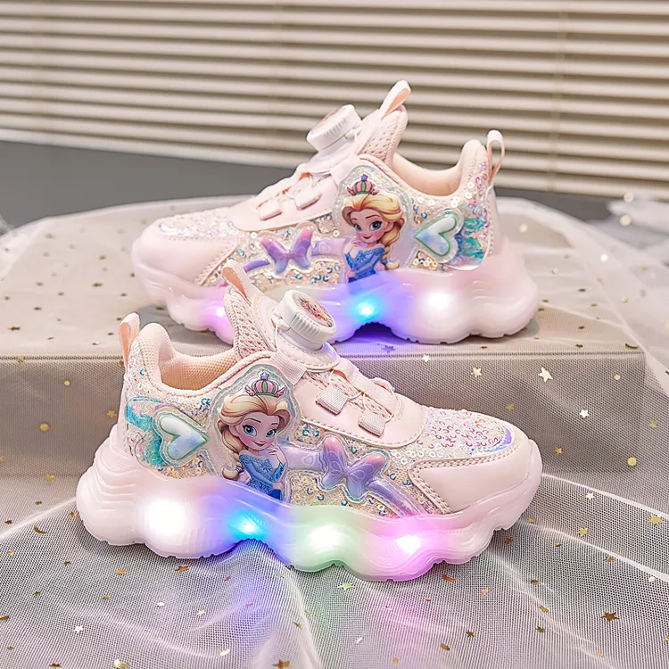 带灯女童鞋子2025秋冬新款旋转纽扣公主鞋女孩运动鞋加绒儿童棉鞋