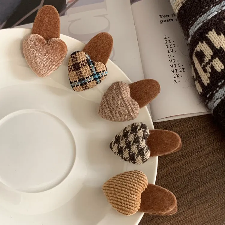 榛果咖色系!格纹爱心纽扣发夹可爱少女心刘海夹边夹发卡发饰秋冬