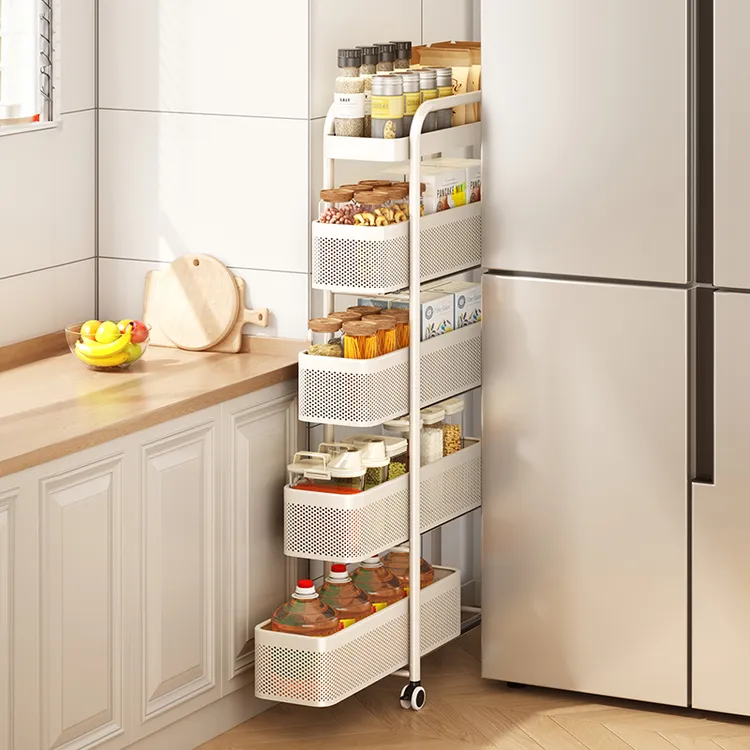 帅仕厨房夹缝置物架落地多层冰箱侧面可抽拉小推车极窄缝隙收纳架