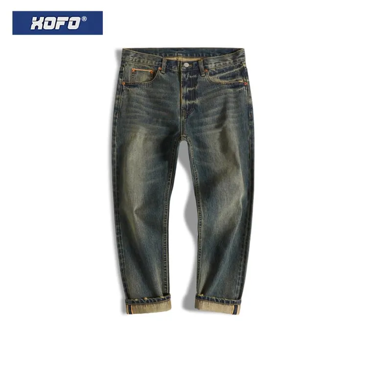 季新款复古做旧九分牛仔裤男士直筒宽松赤耳丹宁小脚高端裤子