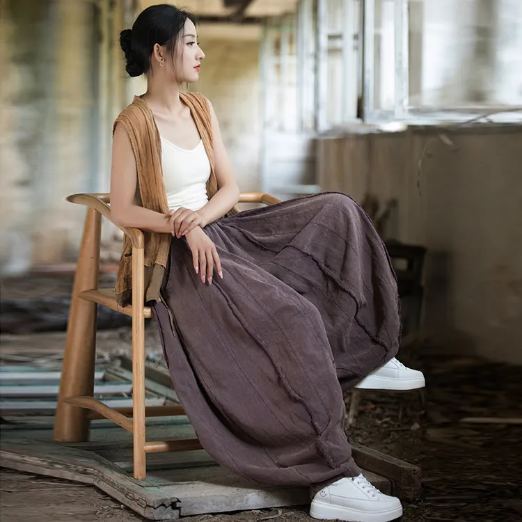 旅行砂炒磨毛32片拼接休闲南瓜裤春夏秋季棉麻女装新款做旧女长裤