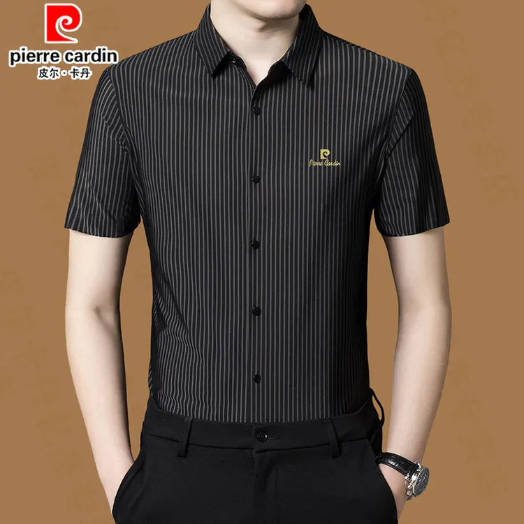 皮尔卡丹正品休闲短袖衬衫条纹亿杰中年夏季薄款高档无痕弹力衬衣