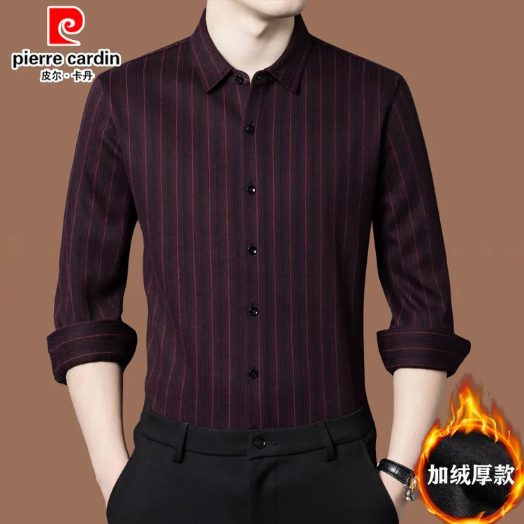 皮尔卡丹高端上档次衬衫男长袖加绒加厚保暖中年高档绵羊毛衬衣