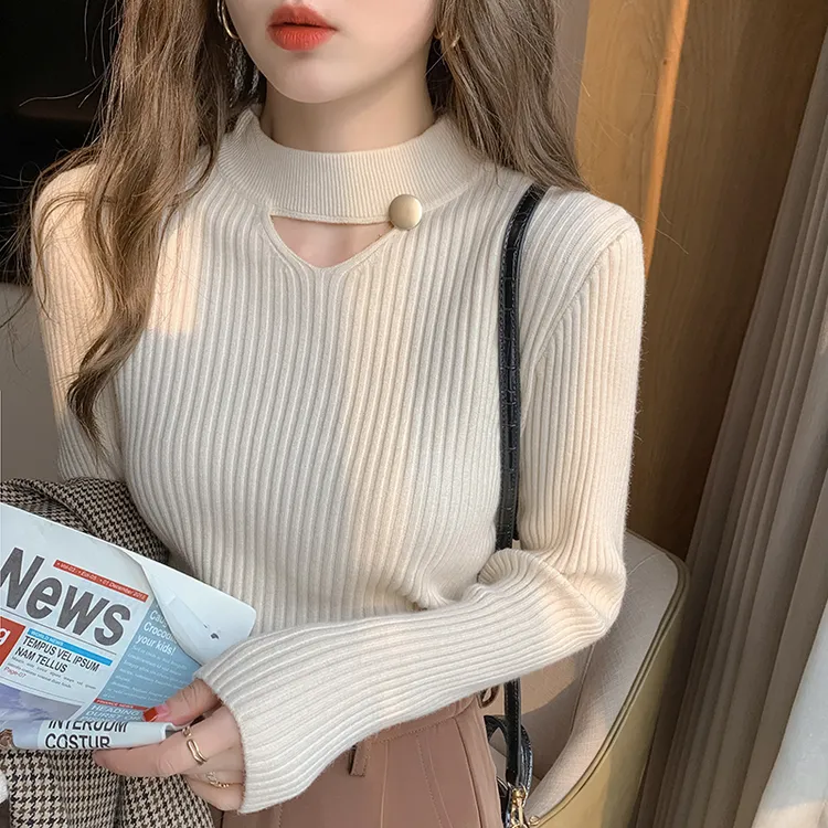 半高领洋气百搭一体绒针织衫女上衣修身显瘦内搭打底毛衣加绒秋冬