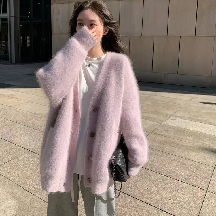 2024 春秋季仿水貂绒开衫外套女新款慵懒宽松高级感毛衣
