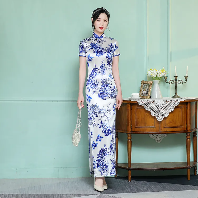 青花瓷长款旗袍新款复古改良印花中国风礼仪走秀演出老上海连衣裙