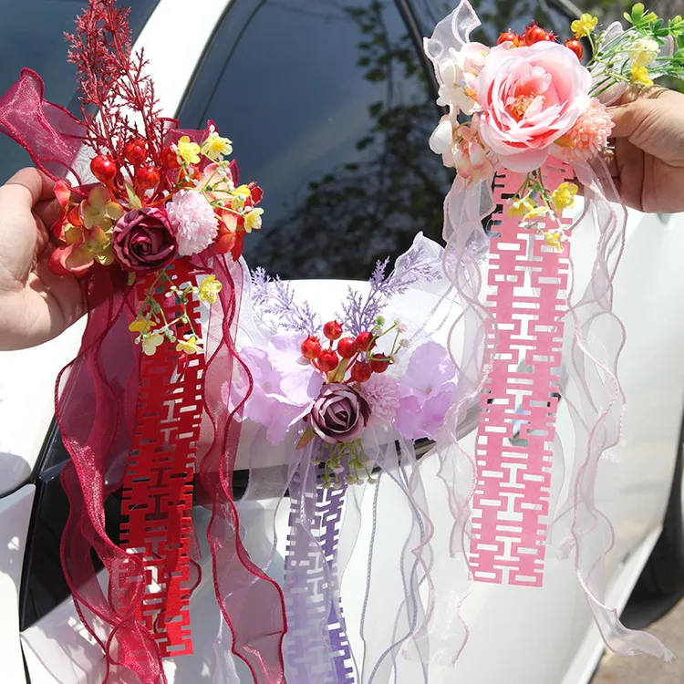 婚车拉花装饰结婚用品大全婚礼高级感后视镜彩带副车队门把手布置