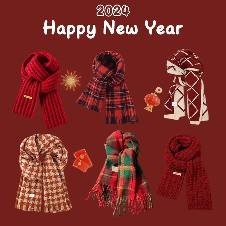 新年红色围巾女冬季高级氛围感百搭显白学生节日礼物2025新款洋气