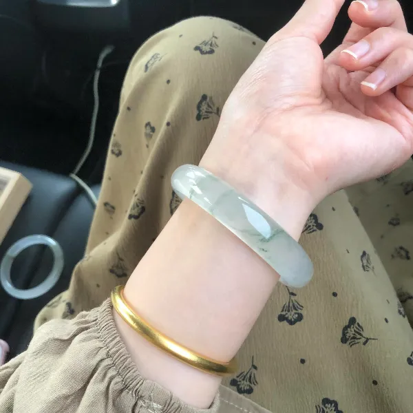 新疆玉冰冰翠真金丝玉圆条手镯子旺夫扁条百搭天山翠玉镯手镯 玉