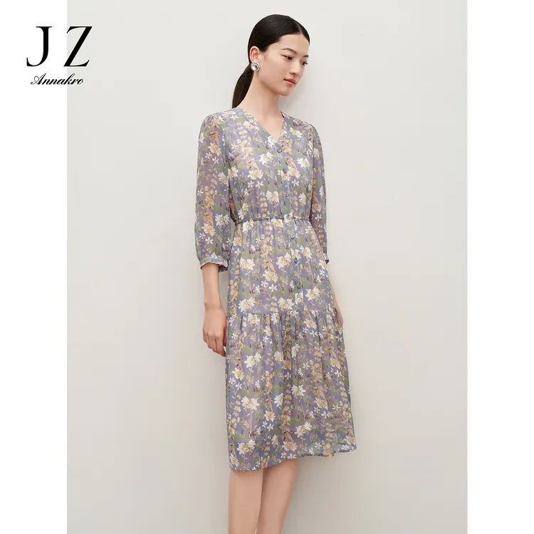 玖姿安娜蔻雪纺水彩印花泡泡袖连衣裙女2025秋季JTEQ50013