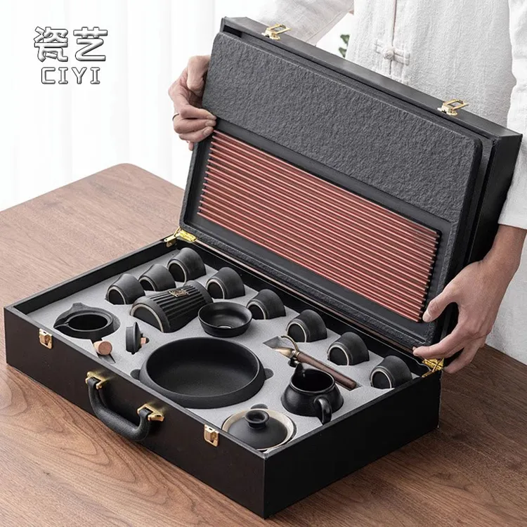 功夫茶具套装家用整套高端乌金石茶盘轻奢寝室陶瓷泡茶壶盖碗日式