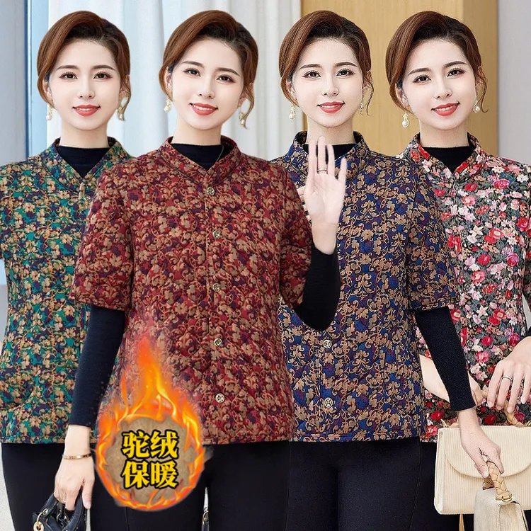秋冬中老年短袖棉马甲女加绒加厚背心妈妈装棉坎肩外套保暖马夹女