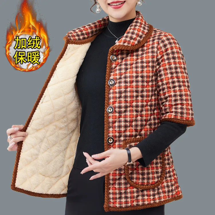 妈妈装秋冬新款半袖棉衣加绒加厚棉袄中老年女士大码保暖棉服百搭