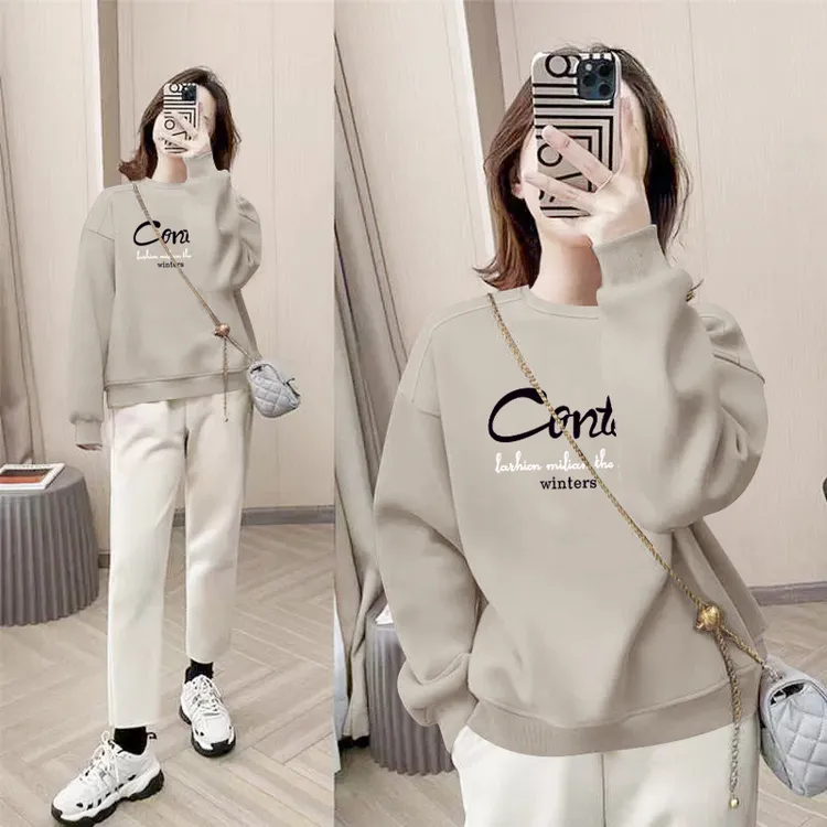 2024新款无帽圆领卫衣女宽松休闲洋气百搭长袖上衣加绒加厚秋冬季