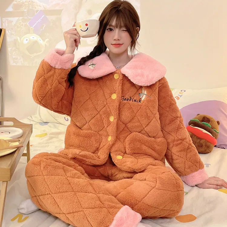 2025新款珊瑚绒睡衣女款秋冬季加厚加绒保暖三层夹棉袄冬天家居服