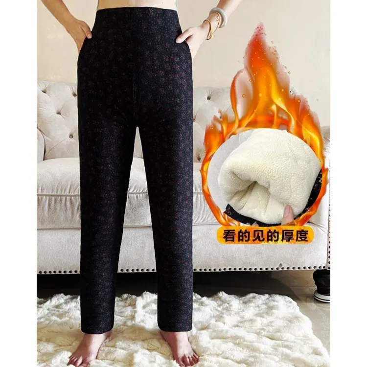 中老年人 特厚羊驼绒棉裤高腰女羊羔绒保暖裤冬加绒加厚妈妈裤子